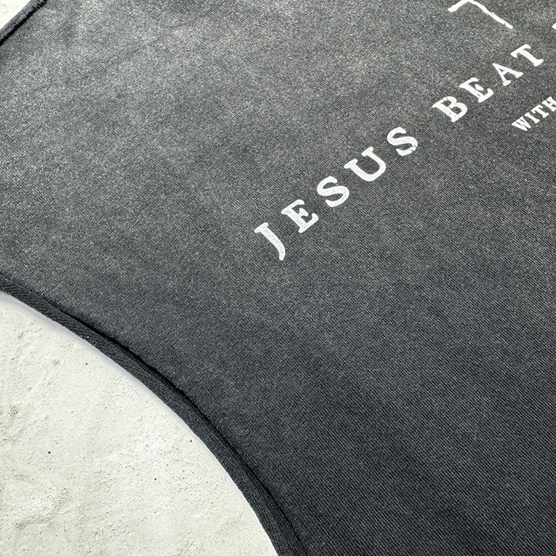 Jesus Beat The Devil Cross Print Tank Top Men Women Splashed Ink Saint Vest Vintage Washed Black Damaged Hole Sleeveless T Shirt 260717BJ - view 5