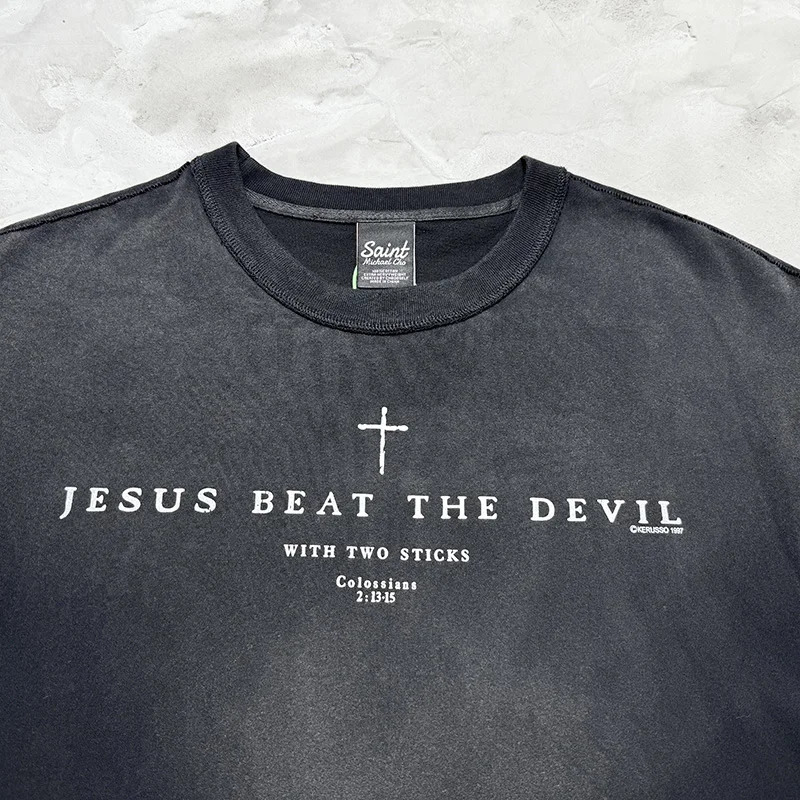 Jesus Beat The Devil Cross Print Tank Top Men Women Splashed Ink Saint Vest Vintage Washed Black Damaged Hole Sleeveless T Shirt 260717BJ - view 4