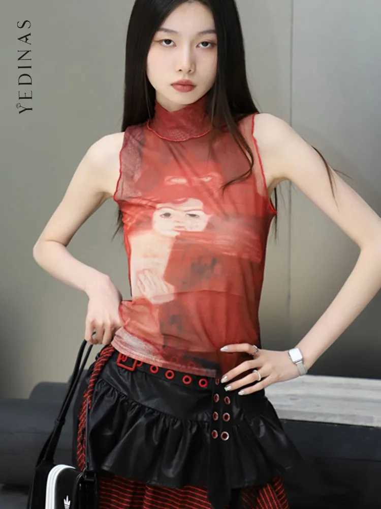 Tops Yedinas Mesh Gothic Red Ptint Tank Top Sleeveless Graphic Tees See Through Y2k Spandex Turtleneck Summer Top Feminino Chic J260718 - view 3