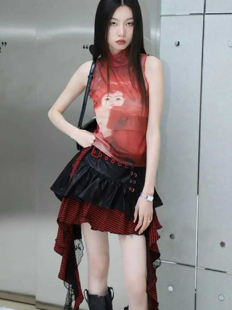 Tops Yedinas Mesh Gothic Red Ptint Tank Top Sleeveless Graphic Tees See Through Y2k Spandex Turtleneck Summer Top Feminino Chic J260718 - view 7