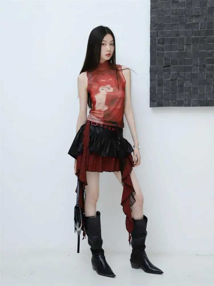 Tops Yedinas Mesh Gothic Red Ptint Tank Top Sleeveless Graphic Tees See Through Y2k Spandex Turtleneck Summer Top Feminino Chic J260718 - view 6