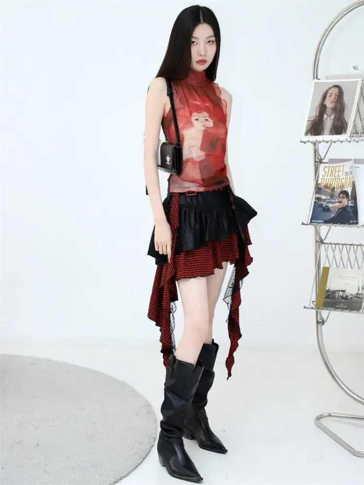 Tops Yedinas Mesh Gothic Red Ptint Tank Top Sleeveless Graphic Tees See Through Y2k Spandex Turtleneck Summer Top Feminino Chic J260718 - view 4