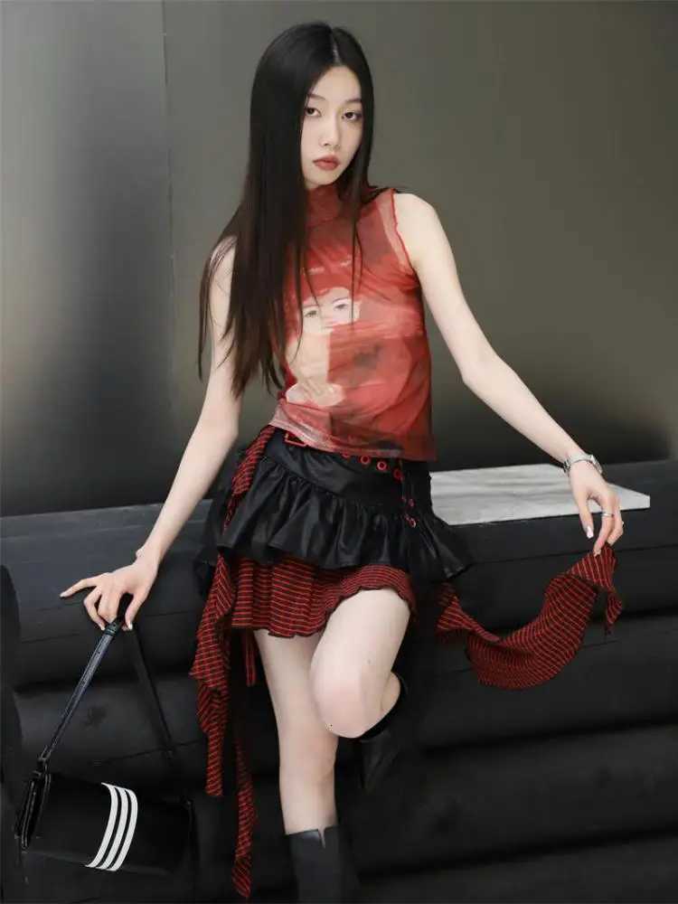 Tops Yedinas Mesh Gothic Red Ptint Tank Top Sleeveless Graphic Tees See Through Y2k Spandex Turtleneck Summer Top Feminino Chic J260718 - view 5