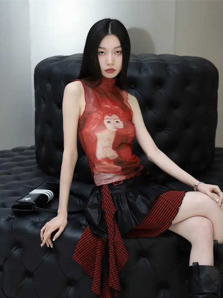 Tops Yedinas Mesh Gothic Red Ptint Tank Top Sleeveless Graphic Tees See Through Y2k Spandex Turtleneck Summer Top Feminino Chic J260718
