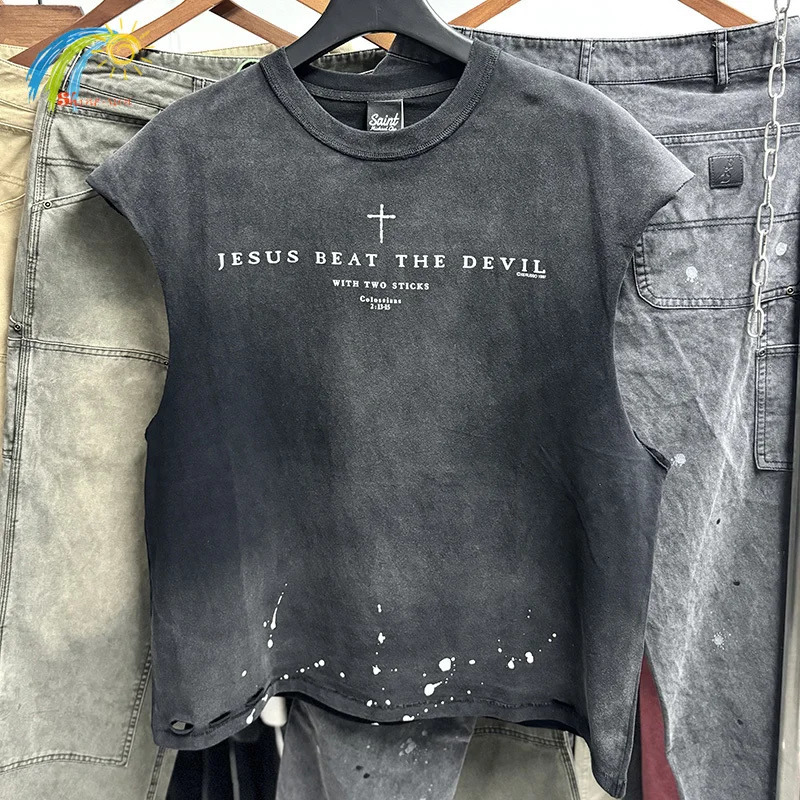 Jesus Beat The Devil Cross Print Tank Top Men Women Splashed Ink Saint Vest Vintage Washed Black Damaged Hole Sleeveless T Shirt 260717BJ