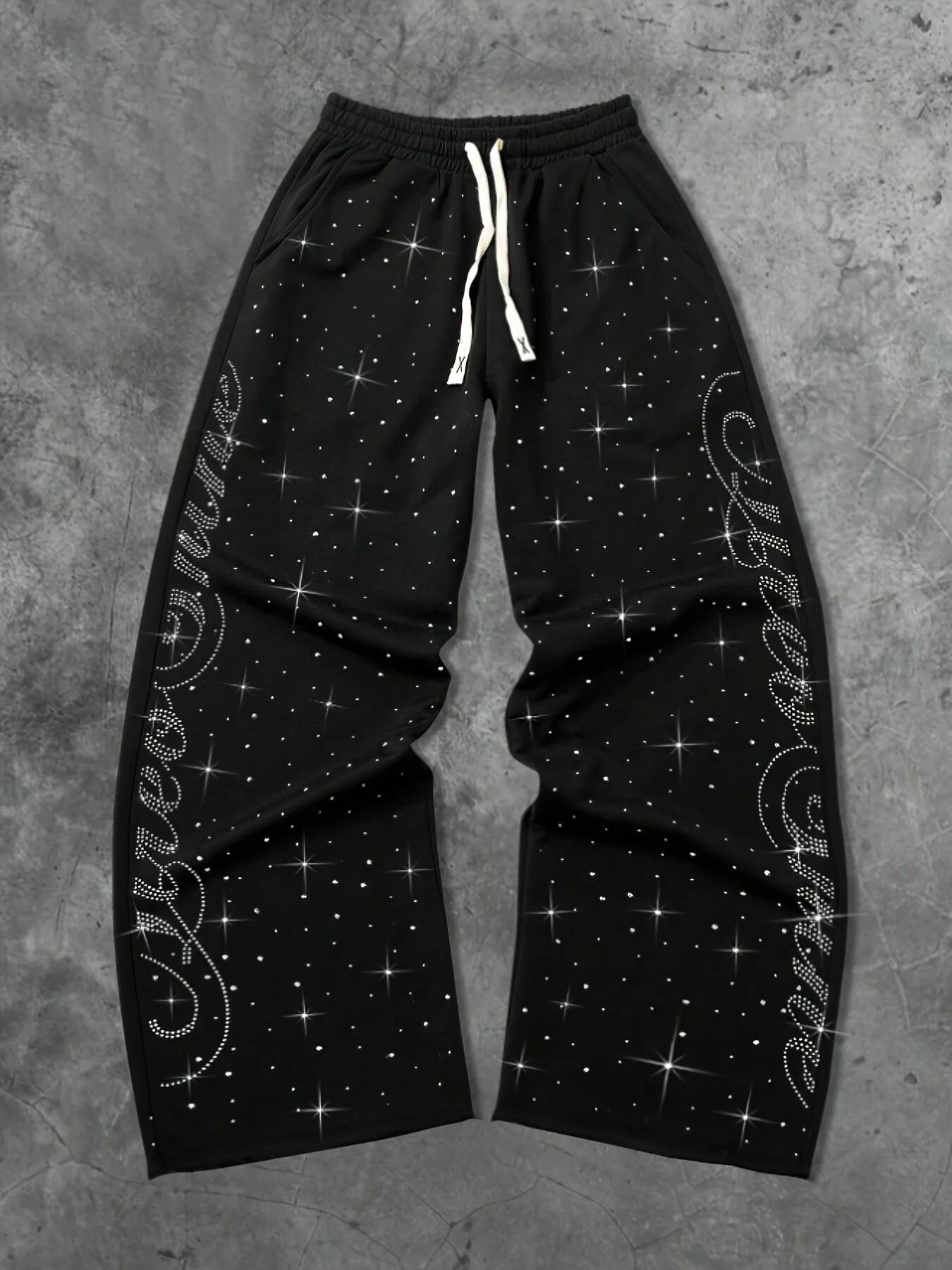 2026 Summer Kids Quick Dry Loose Pants Black Rhinestone Star & Cursive Print Drawstring Elastic Waist Casual Streetwear Trousers J260720