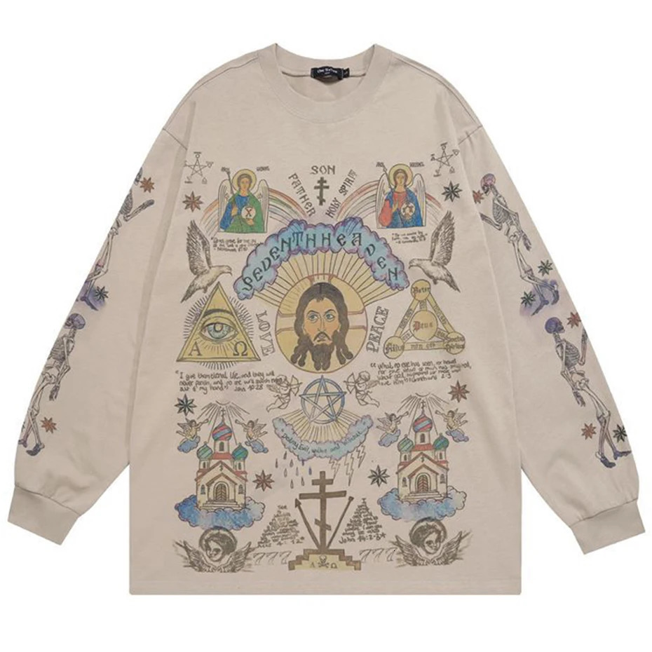 Men Retro Streetwear T Shirt Gods Graphic Hip Hop T-Shirt Cross Casual Tshirt Long Sleeve Cotton Tops Tees Unisex Hipster Beige 260717CJ - view 4