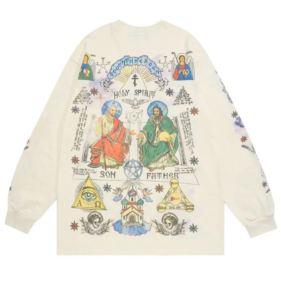 Men Retro Streetwear T Shirt Gods Graphic Hip Hop T-Shirt Cross Casual Tshirt Long Sleeve Cotton Tops Tees Unisex Hipster Beige 260717CJ - view 3