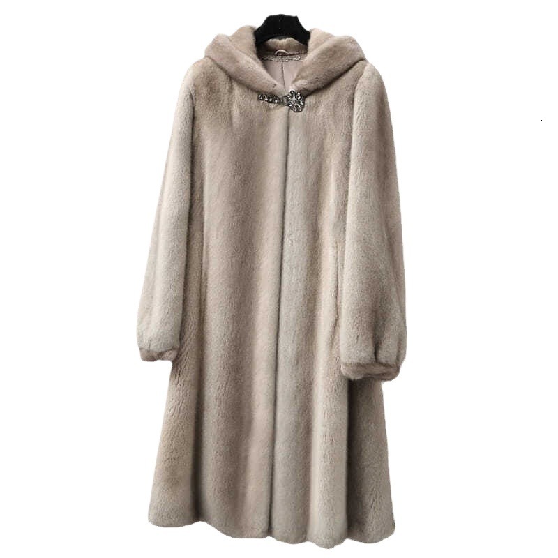 Women's Lamb Fur Coat, England-Style Flare-Sleeve Hooded X-Long Fur Jacket with Cashmere Lining - Double-Breasted Stand Collar, Solid Beige/Light Brow - view 6