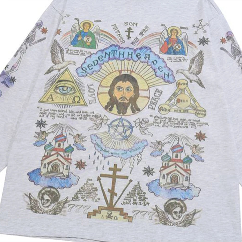 Men Retro Streetwear T Shirt Gods Graphic Hip Hop T-Shirt Cross Casual Tshirt Long Sleeve Cotton Tops Tees Unisex Hipster Beige 260717CJ - view 6
