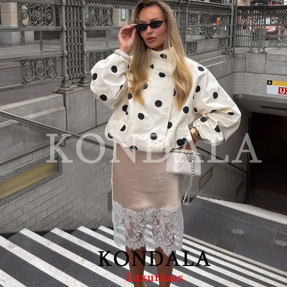 KONDALA Casual Polka Dot Bomber Jackets Long Sleeve Pockets Elegant Women Outwear Fashion 2026 Fall Streetwear Y2K Girl Jackets 260716 - view 3