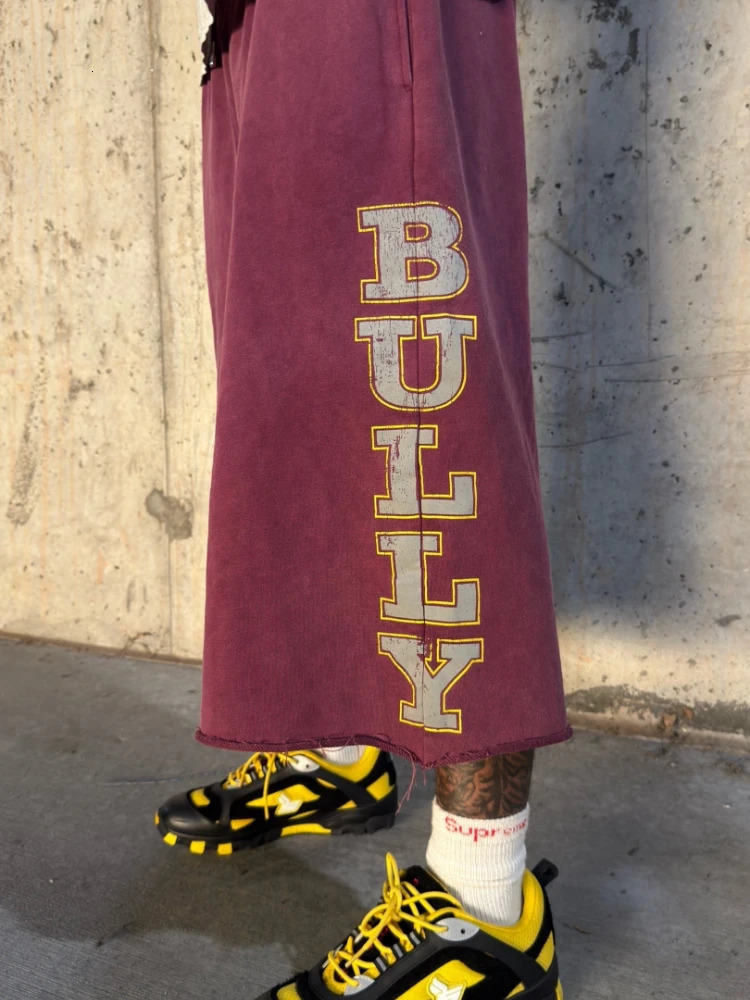 Y2K Retro Maroon Long Shorts Washed Reflective Print Bermuda Shorts American Fashion Streetwear Terry Unisex Baggy Sweatshorts 260731 - view 4
