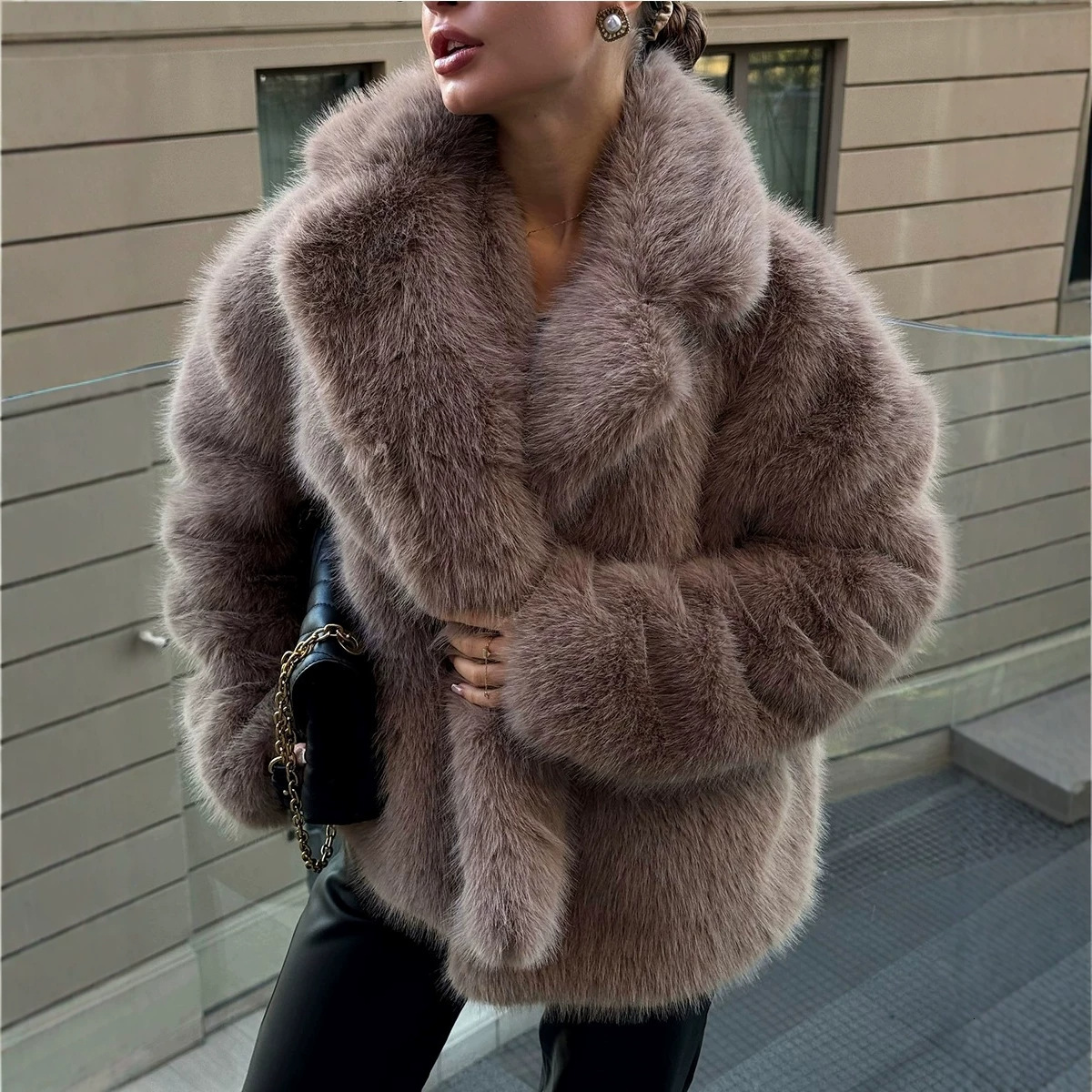 Cross-Border Foreign Trade European And American Faux Autumn Winter Loose Eco-Friendly Fox Suit Collar Fur Coat For Women