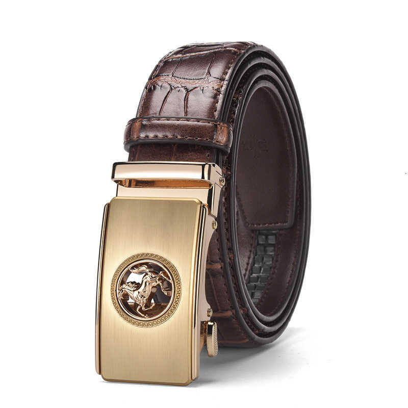 Crocodile-patterned leather belt for men, alloy automatic snap buckle, cowhide waist belt, accessory for jeans, casual and versatile.T260721