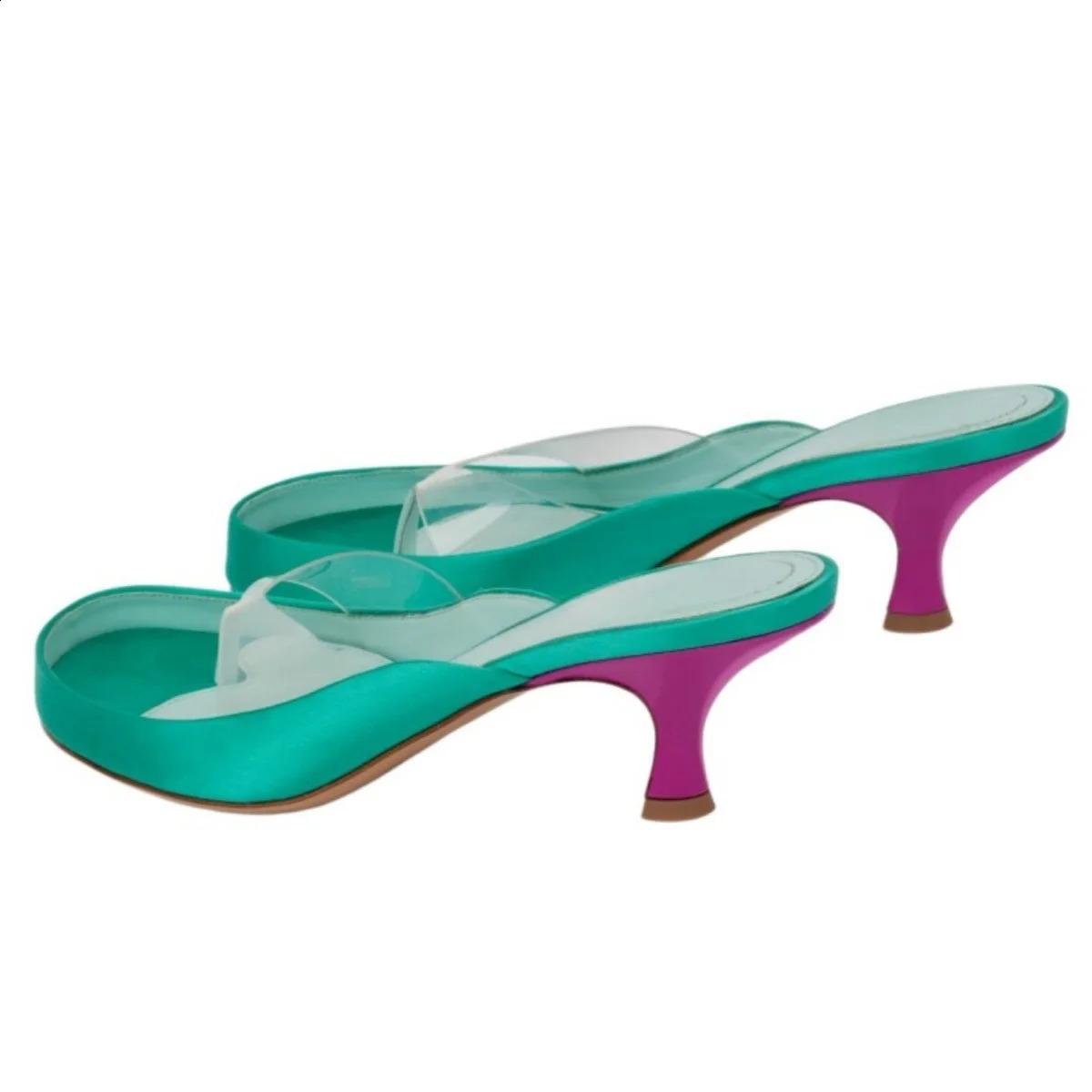 Women Contrast Heel Mule Sandals Glossy Satin Platform Thong Slides Clear PVC Toe Post Curved Kitten Vacation Shoes w260721 - view 3