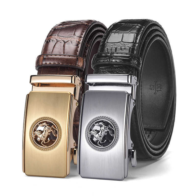 Crocodile-patterned leather belt for men, alloy automatic snap buckle, cowhide waist belt, accessory for jeans, casual and versatile.T260721