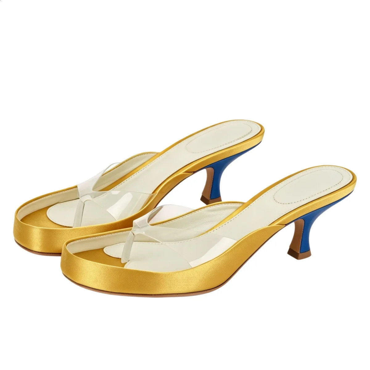 Women Contrast Heel Mule Sandals Glossy Satin Platform Thong Slides Clear PVC Toe Post Curved Kitten Vacation Shoes w260721 - view 4