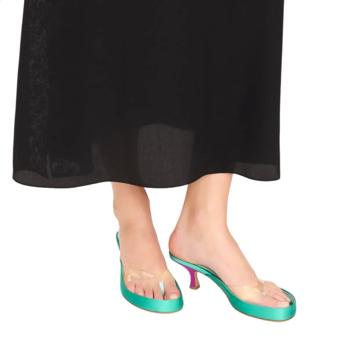 Women Contrast Heel Mule Sandals Glossy Satin Platform Thong Slides Clear PVC Toe Post Curved Kitten Vacation Shoes w260721 - view 6