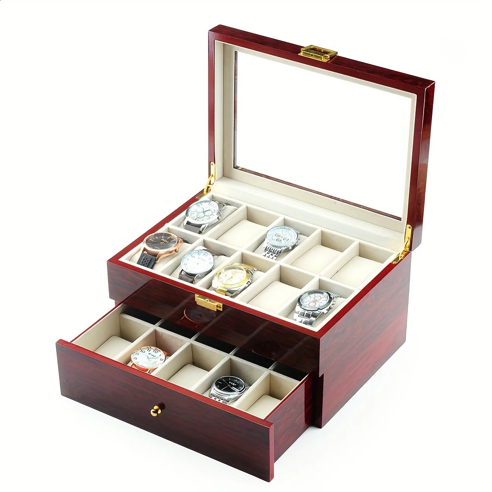 20 Slots Wooden Watch Box Case Glass Wine Red Piano Finish Baking Varnish Craft Wood Boxes Organizer Storage Holder Gifts 260715 - view 6