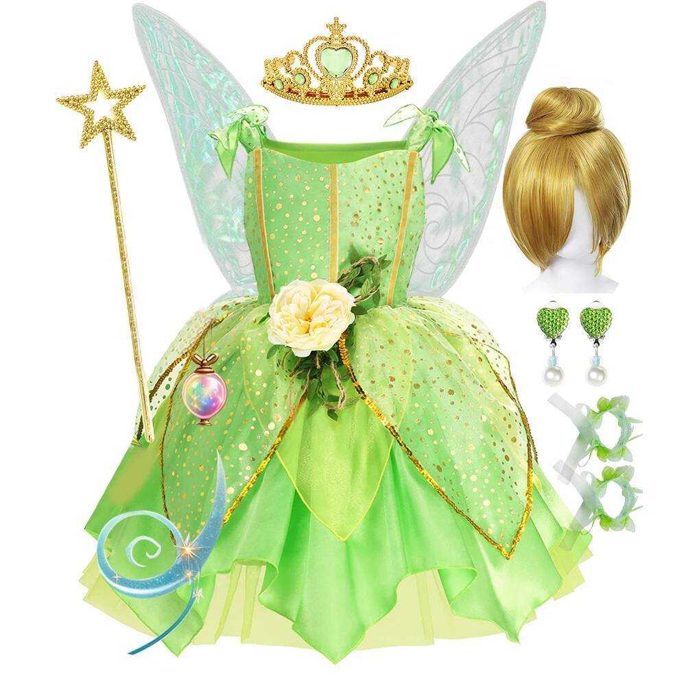 Child Girl Bell Halloween Costume for Kids Green Dress Fancy Fairy Princess Cosplay Carnival Party Ball Gowns with Wing J260721