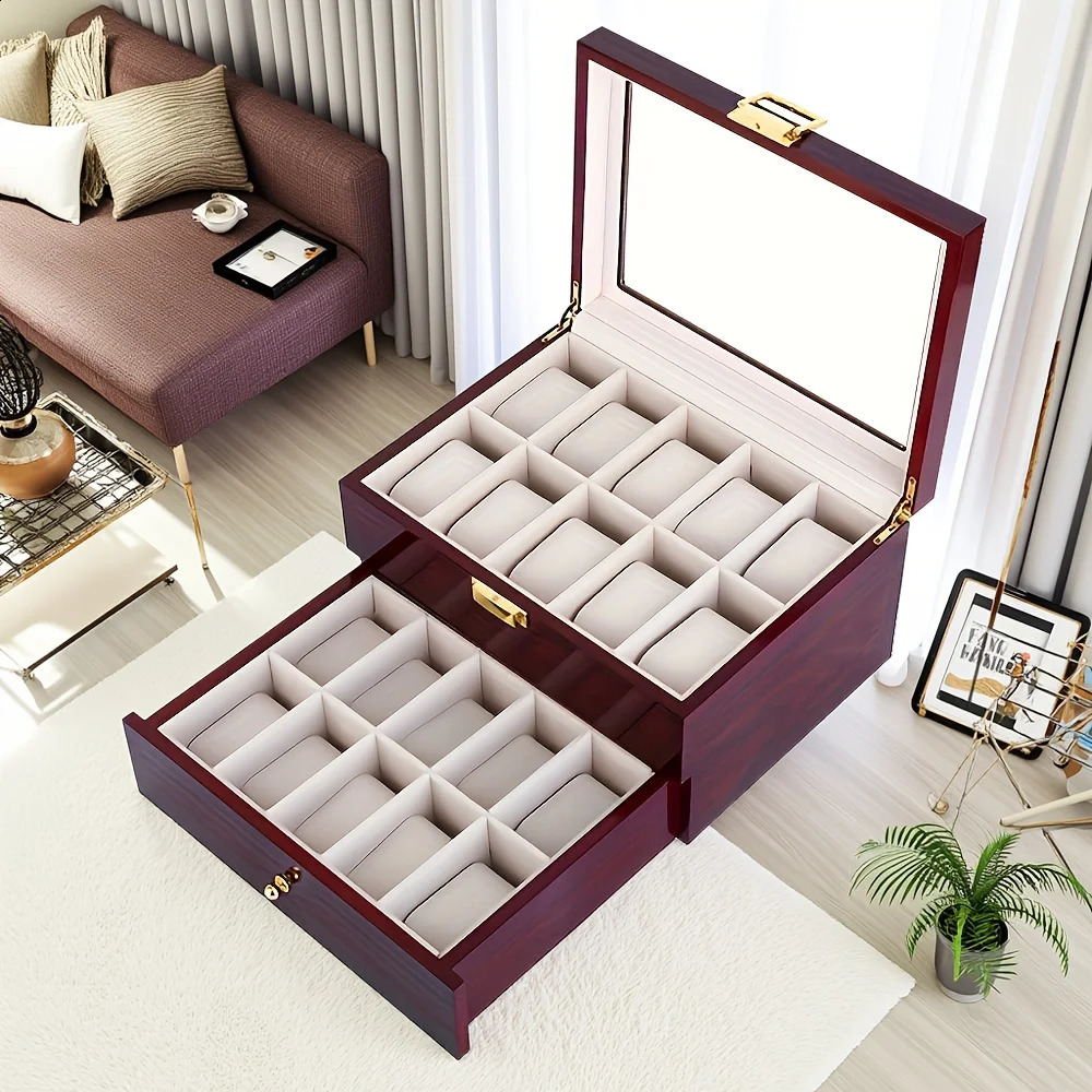 20 Slots Wooden Watch Box Case Glass Wine Red Piano Finish Baking Varnish Craft Wood Boxes Organizer Storage Holder Gifts 260715