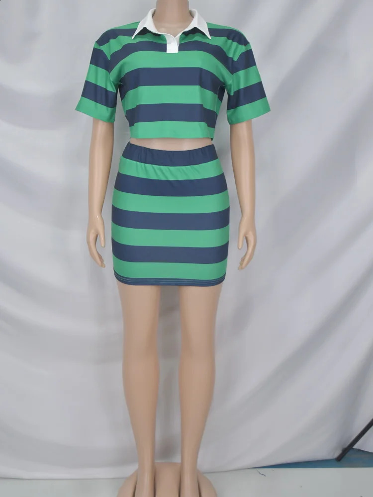 Beyprern Stylish Green Blue Striped Polo Skirt Set Two-Piece Dress For Women Short Sleeve Striped Tracksuits Set Night Clubwear 260722BJ