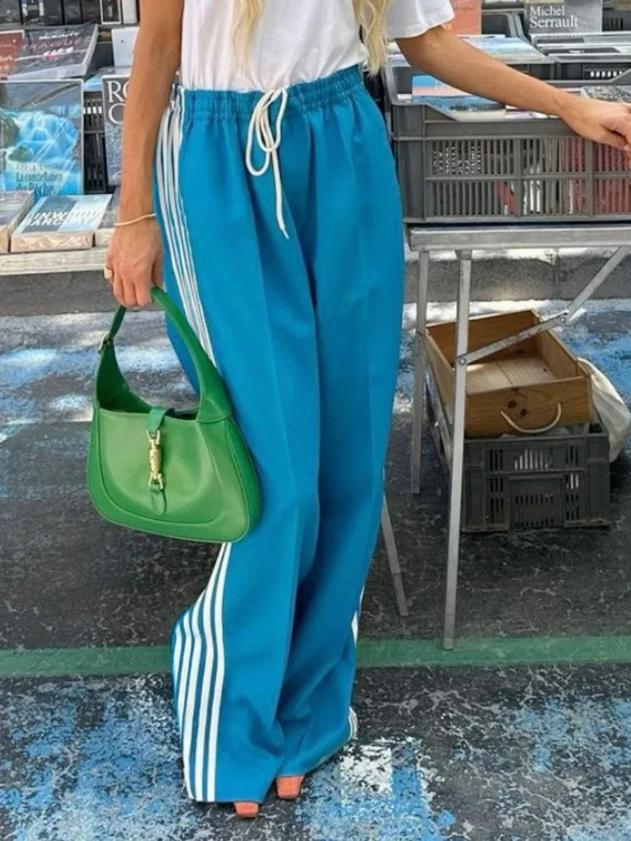 Womens Striped Pants Loose Elastic Waist Drawstring Straight Leg Casual Sweatpants with Pockets y2k Low Rise Baggy Trousers 260722BJ