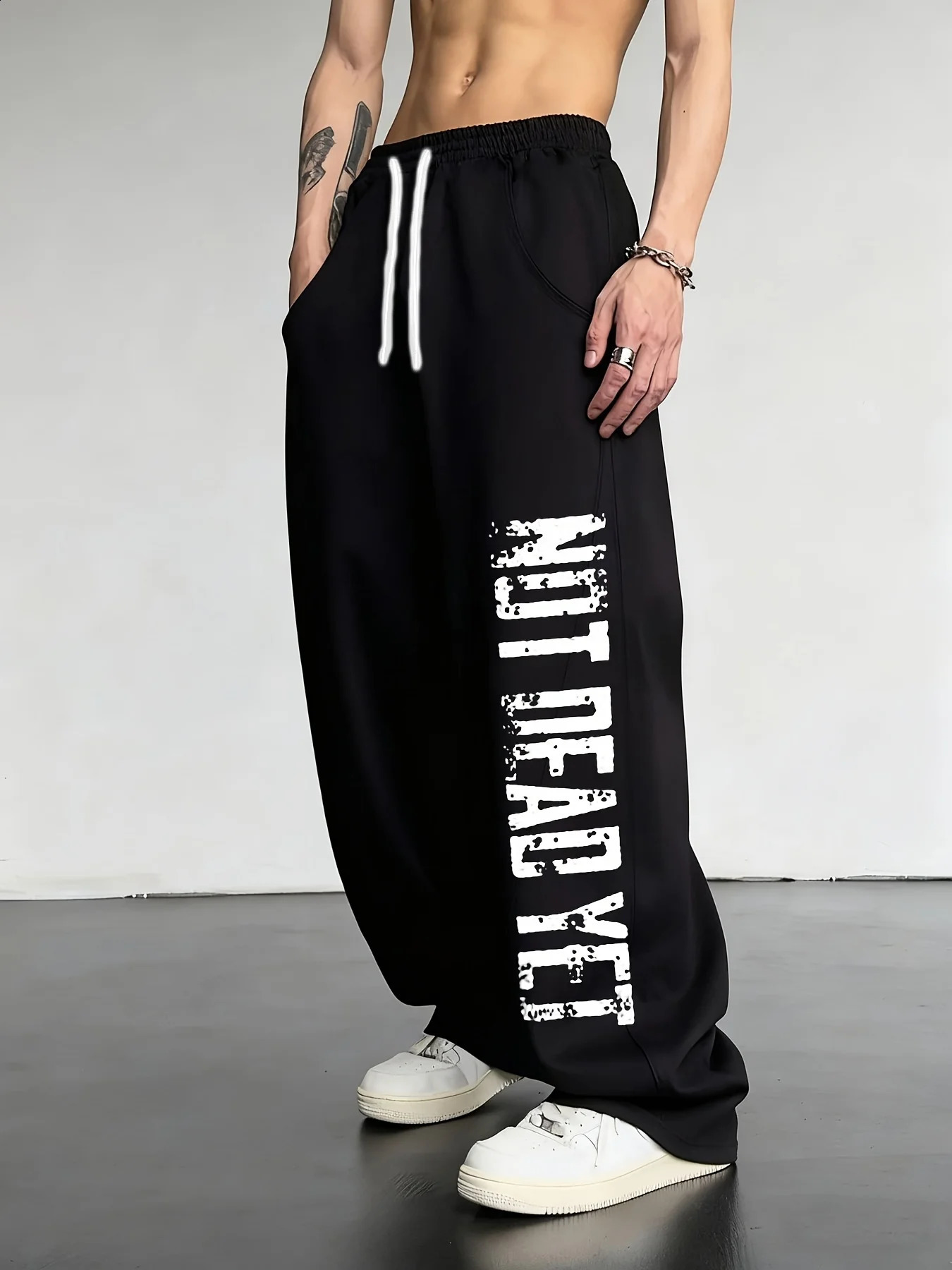Summer s Quick Dry Loose Pants Grey Distressed NOT DEAD YET Print Drawstring Elastic Waist Casual Streetwear Trousers 260721 - view 3