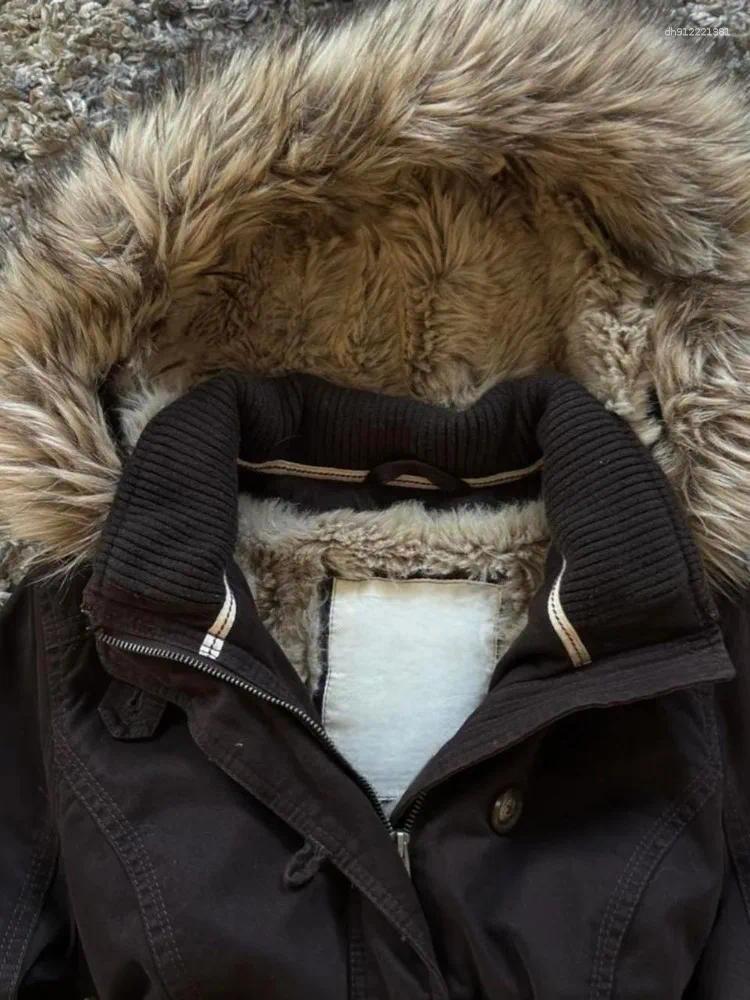 Women's Jackets Y2k Vintage Hooded Fur Collar Autumn Winter Black Casual Tops Streetwear Punk Cardigan Coat Women Sweatshirt