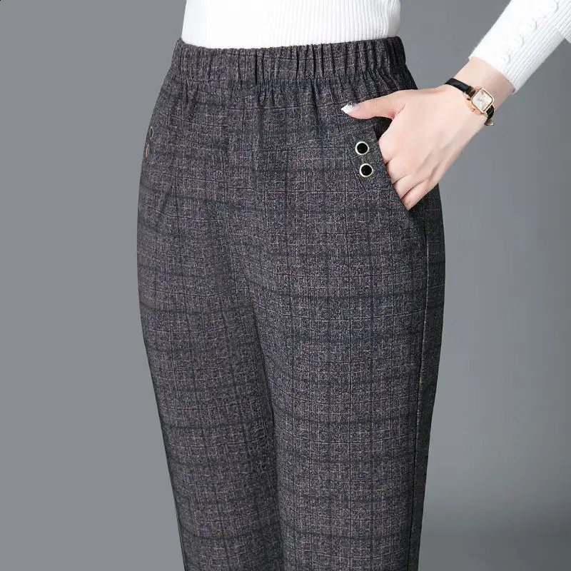 Korean Fashion Women Vintage Slim Pants Spring Autumn Streetwear Elastic High Waist Stripe Plaid Straight Casual Trousers 260722BJ