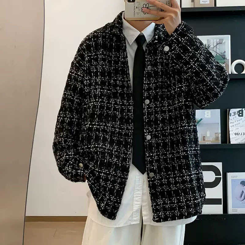 Woolen Mens Spring/Autumn/Winter Tweed Slim Fit Collarless Jacket with Color Blocking Design for a Youthful LookT260722
