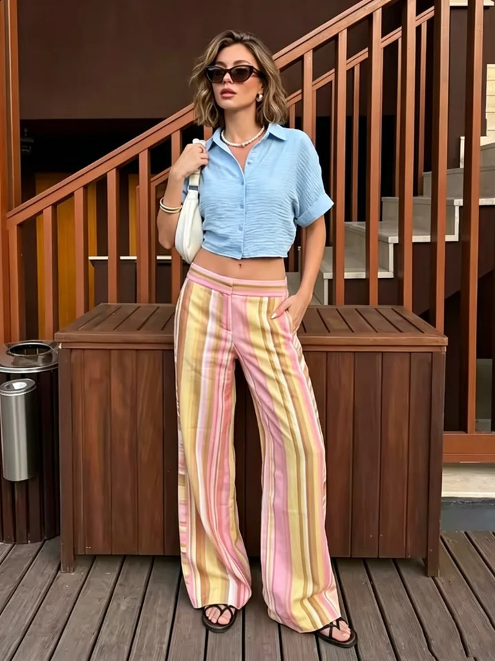 Summer Colorful Multicolor Women Pant 2026 Sweet Striped Straight Wide Leg Long Pants Female Holiday Beach Pants Streetwear 260722BJ