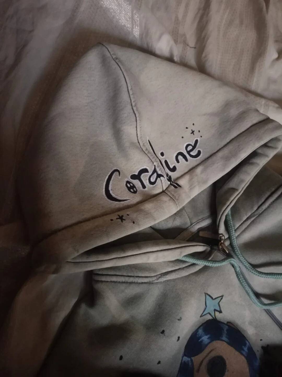 Coraline Graphic Print Grey Zip Up Hoodie Star Pattern Hand Painted Oversized Soft Streetwear Y2K Retro for Women Daily Wear 26Y0722 - view 5