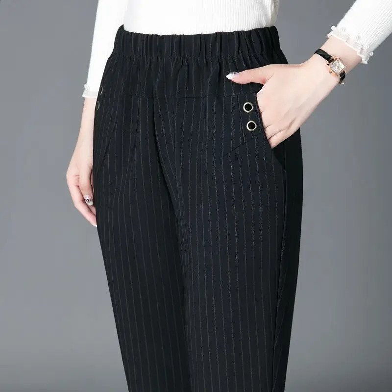 Korean Fashion Women Vintage Slim Pants Spring Autumn Streetwear Elastic High Waist Stripe Plaid Straight Casual Trousers 260722BJ