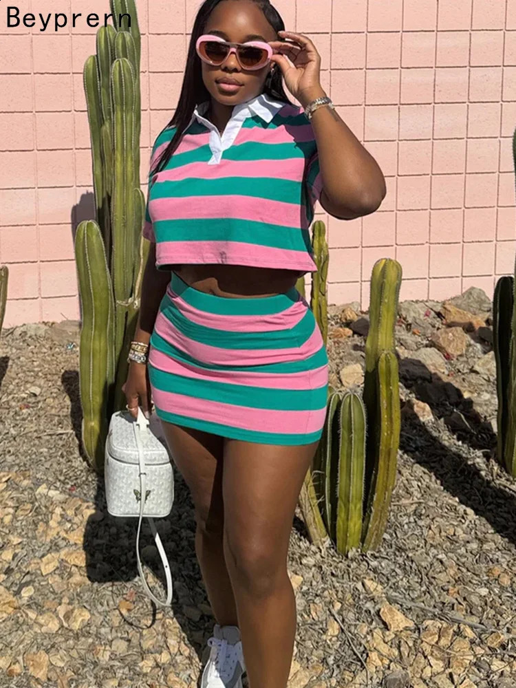 Beyprern Stylish Green Blue Striped Polo Skirt Set Two-Piece Dress For Women Short Sleeve Striped Tracksuits Set Night Clubwear 260722BJ