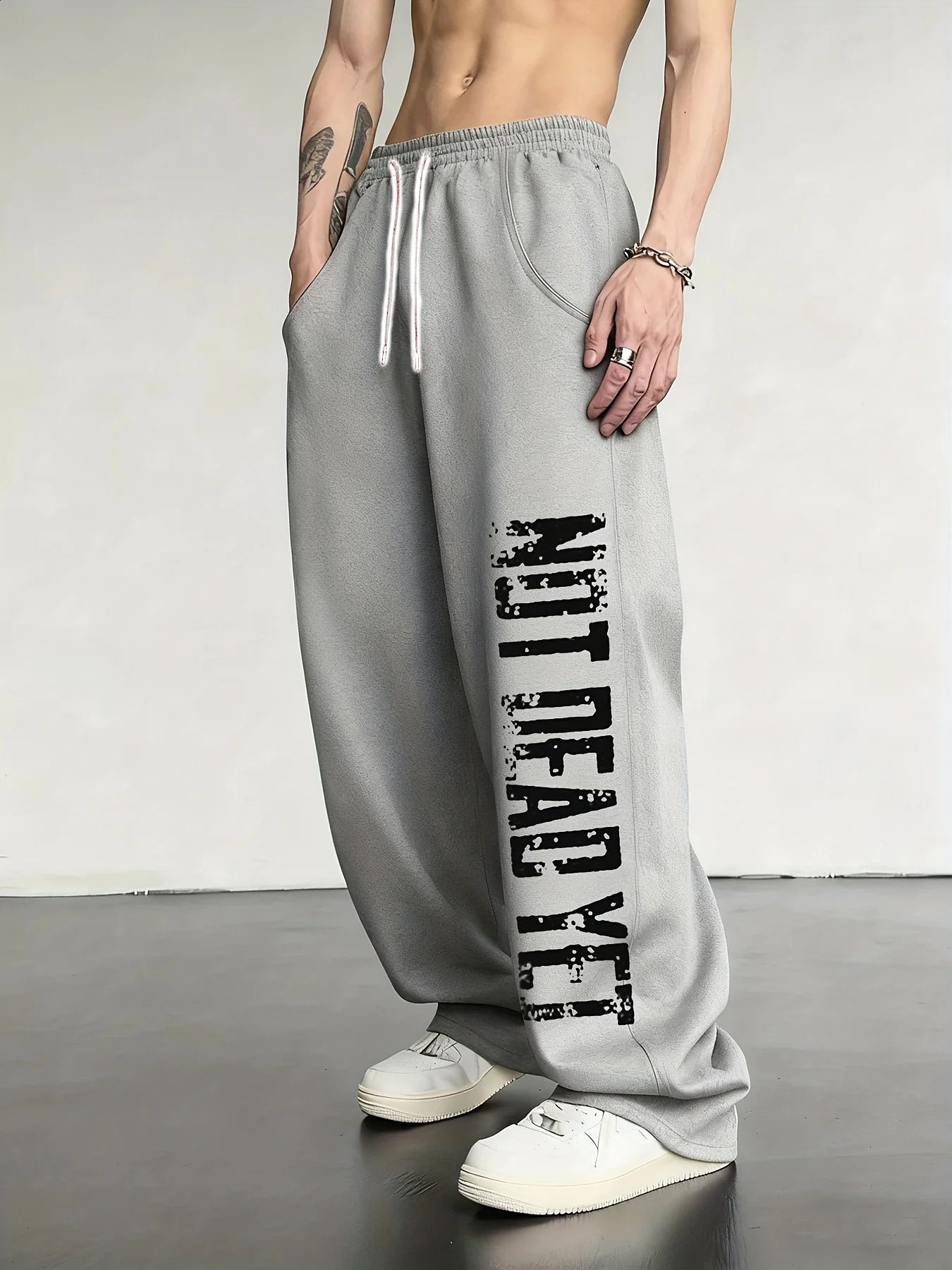 Summer s Quick Dry Loose Pants Grey Distressed NOT DEAD YET Print Drawstring Elastic Waist Casual Streetwear Trousers 260721