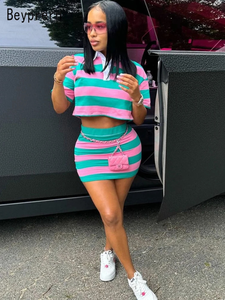 Beyprern Stylish Green Blue Striped Polo Skirt Set Two-Piece Dress For Women Short Sleeve Striped Tracksuits Set Night Clubwear 260722BJ