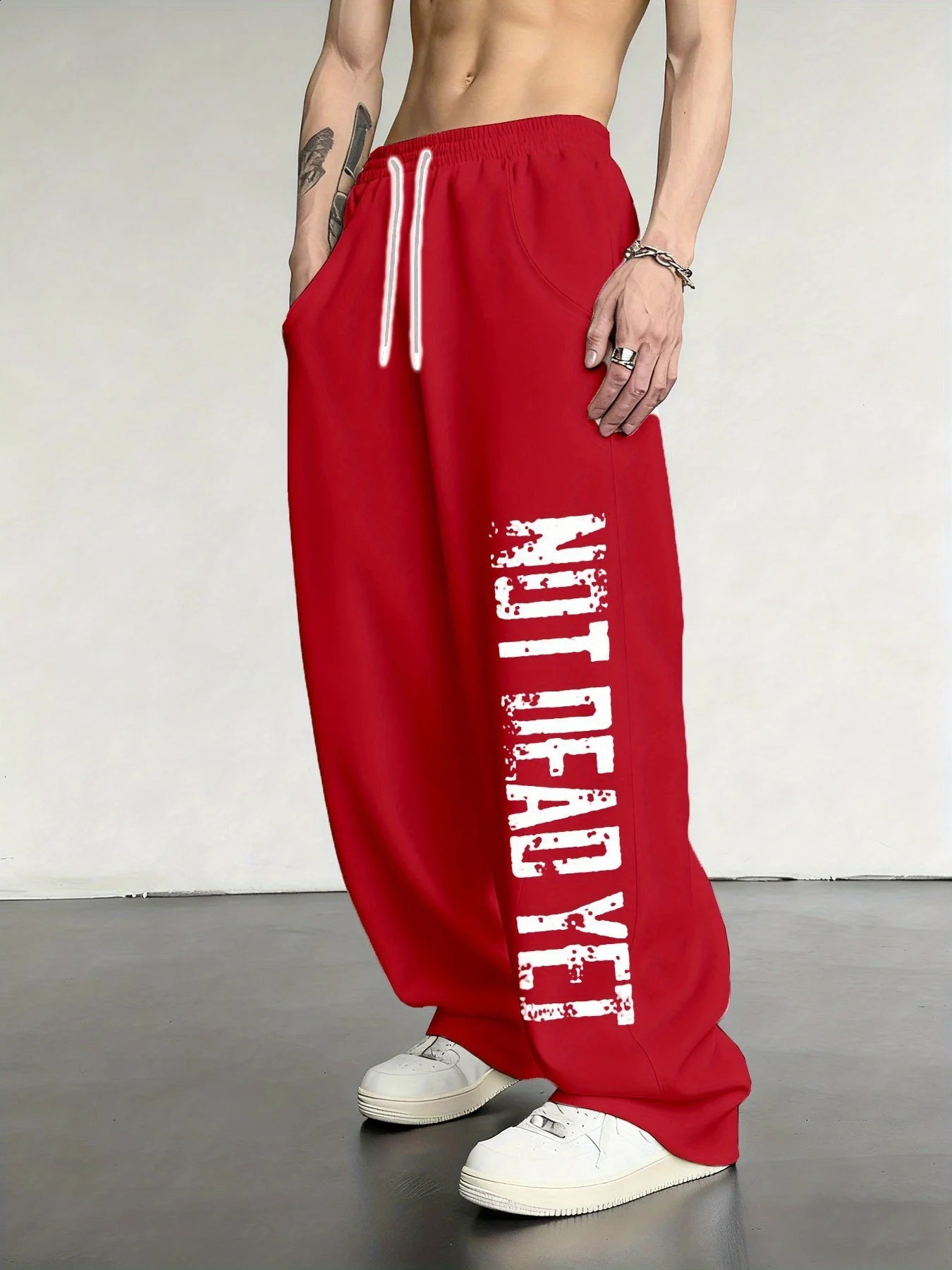 Summer s Quick Dry Loose Pants Grey Distressed NOT DEAD YET Print Drawstring Elastic Waist Casual Streetwear Trousers 260721 - view 4