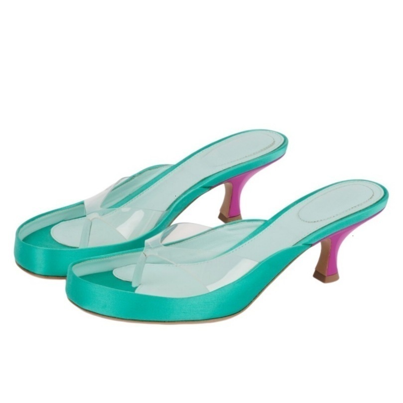 Women Contrast Heel Mule Sandals Glossy Satin Platform Thong Slides Clear PVC Toe Post Curved Kitten Vacation Shoes w260721