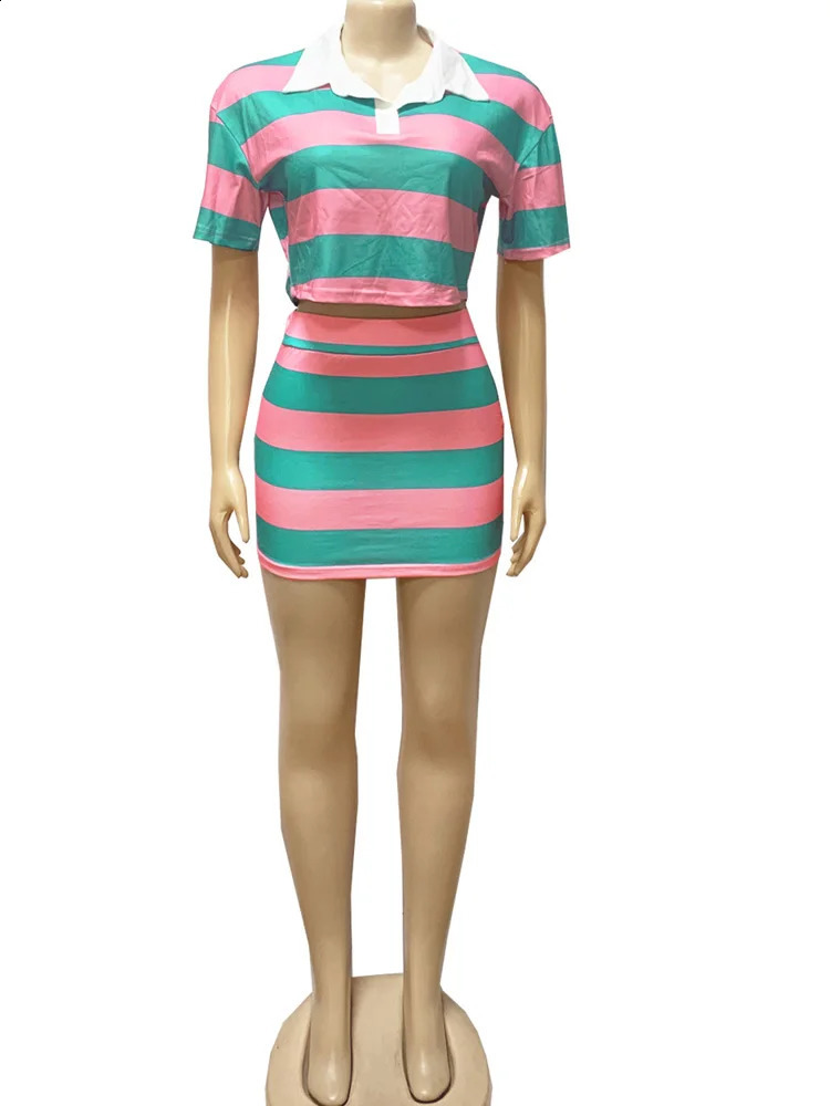 Beyprern Stylish Green Blue Striped Polo Skirt Set Two-Piece Dress For Women Short Sleeve Striped Tracksuits Set Night Clubwear 260722BJ