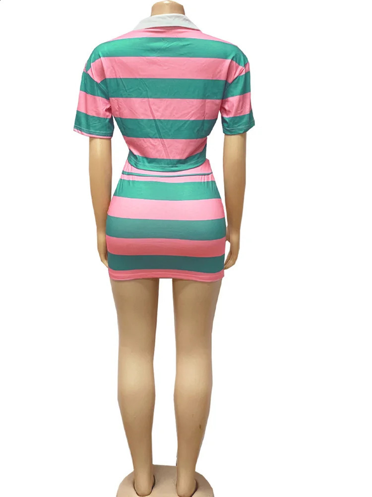 Beyprern Stylish Green Blue Striped Polo Skirt Set Two-Piece Dress For Women Short Sleeve Striped Tracksuits Set Night Clubwear 260722BJ