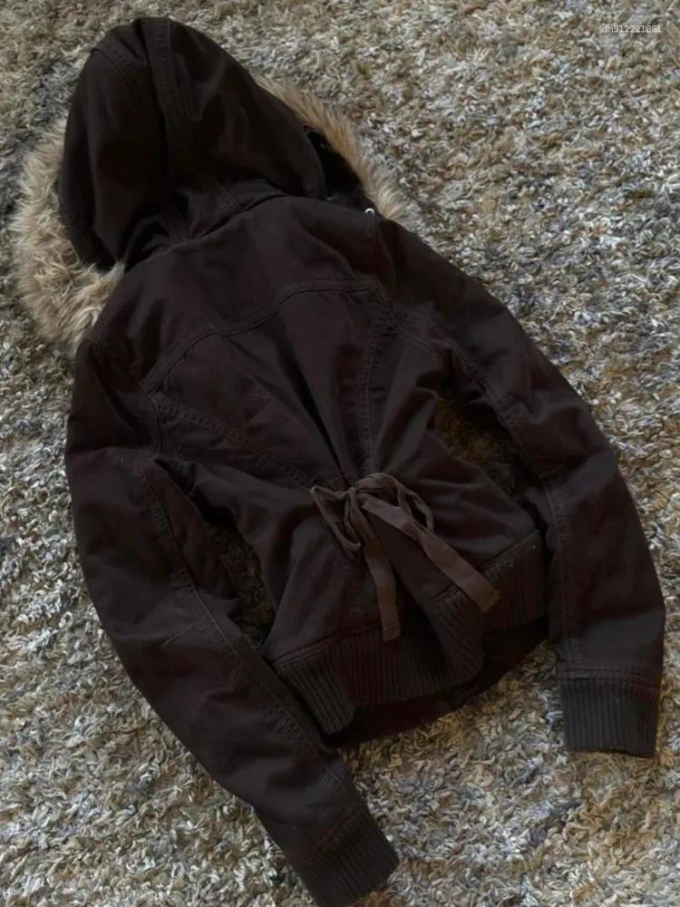 Women's Jackets Y2k Vintage Hooded Fur Collar Autumn Winter Black Casual Tops Streetwear Punk Cardigan Coat Women Sweatshirt