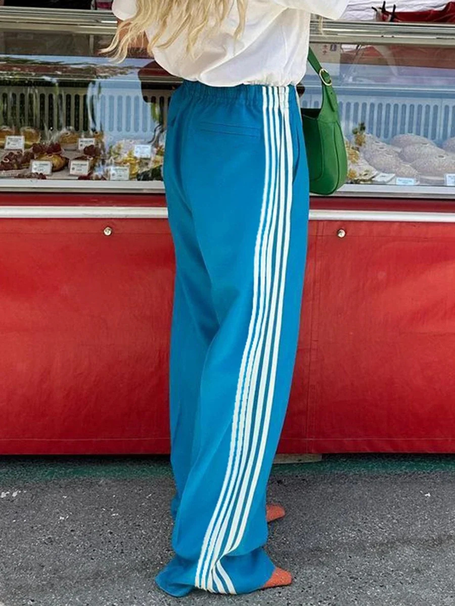 Womens Striped Pants Loose Elastic Waist Drawstring Straight Leg Casual Sweatpants with Pockets y2k Low Rise Baggy Trousers 260722BJ