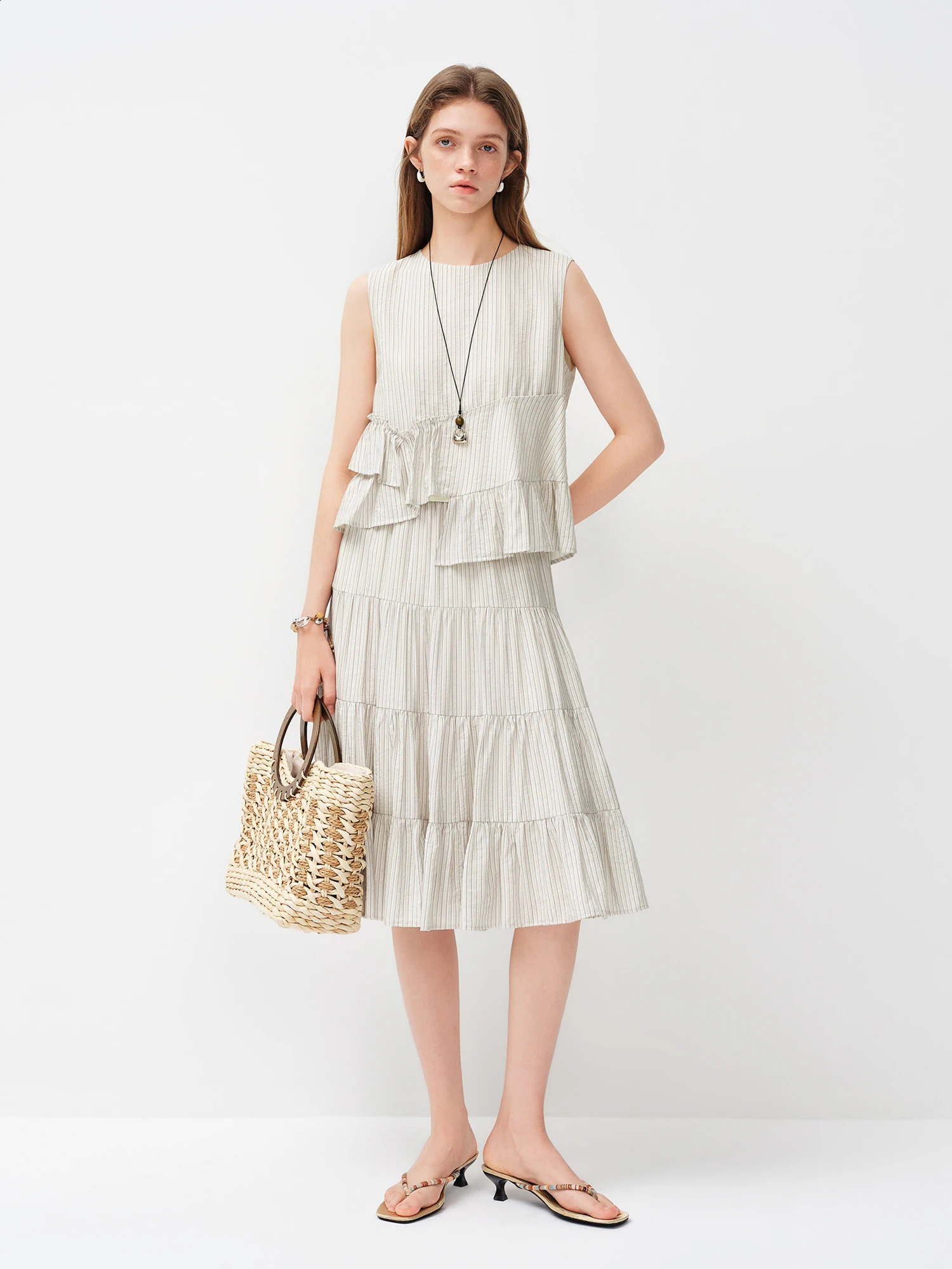 FSLE French-style Irregular Sleeveless Striped Shirt for Women Spring 2026 Style Ruffled Top Set Midi Skirts Tender Casual 260722BJ - view 4