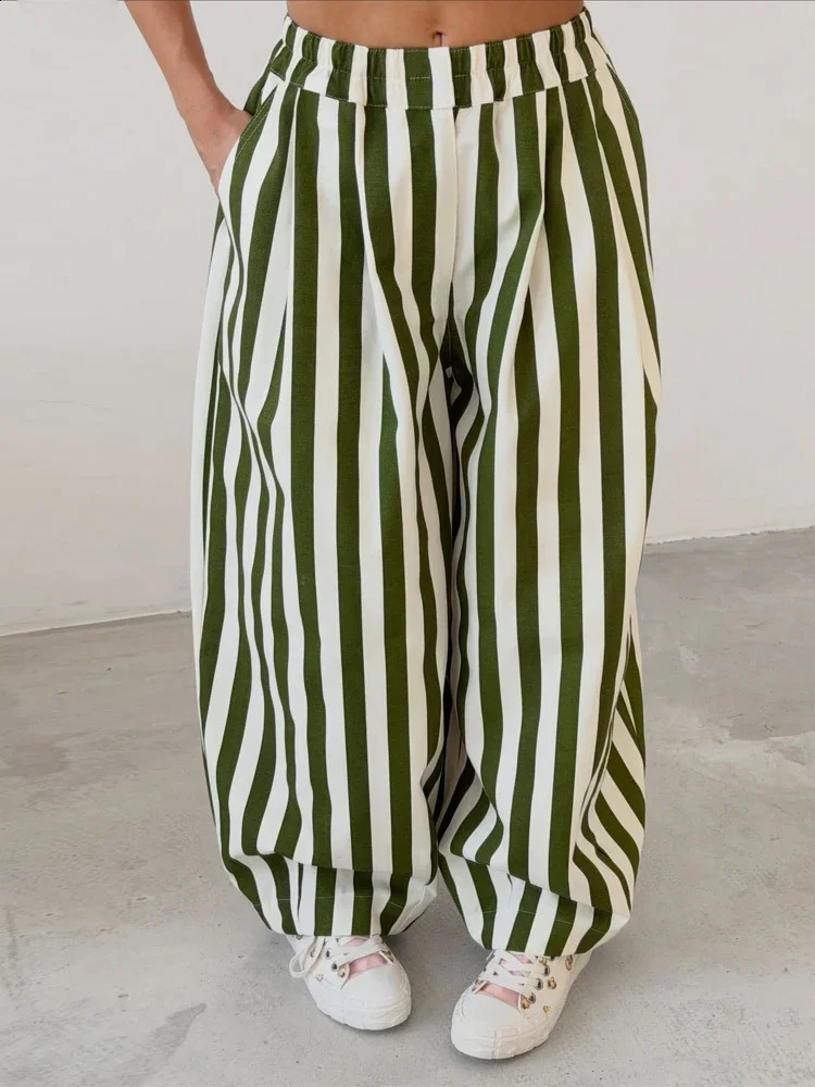 Casual Striped Balloon Pants Women Linen Elastic Waist Wide Leg Loose Fit Long Trousers 2026 Summer Lady Daily Street Wears 260722BJ