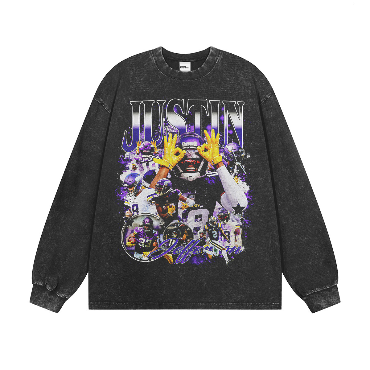 American Football Cartoon player American Retro Print Long Short Sleeve T-Shirt Men Heavy Washed Vintage Pure Cotton Small Neckline Tee - view 7