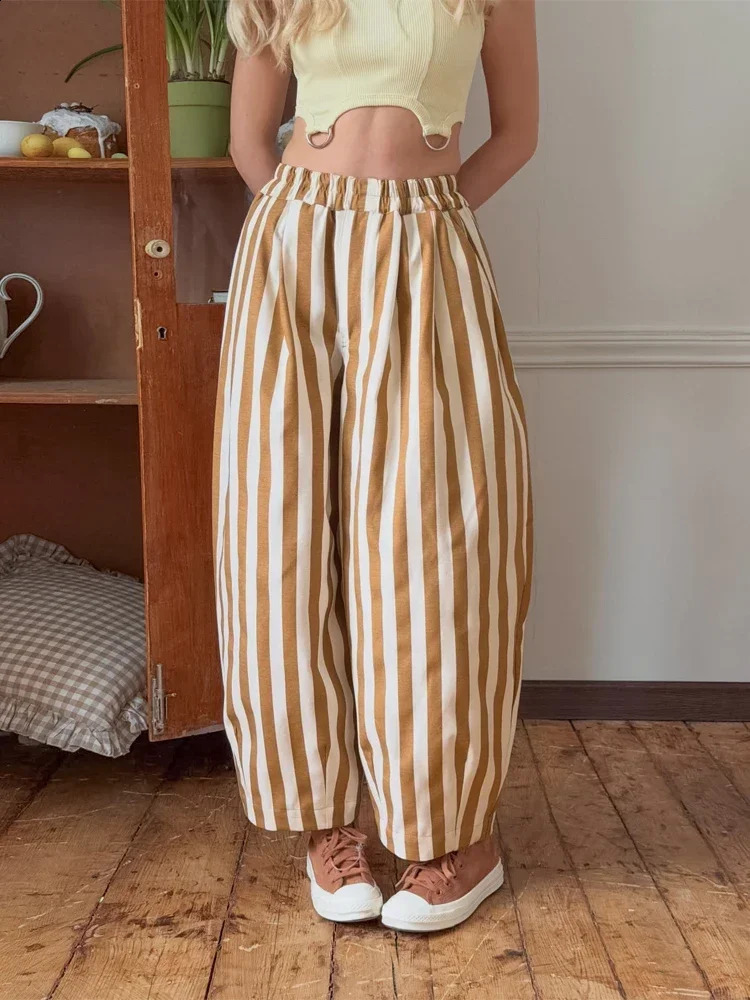 Casual Striped Balloon Pants Women Linen Elastic Waist Wide Leg Loose Fit Long Trousers 2026 Summer Lady Daily Street Wears 260722BJ