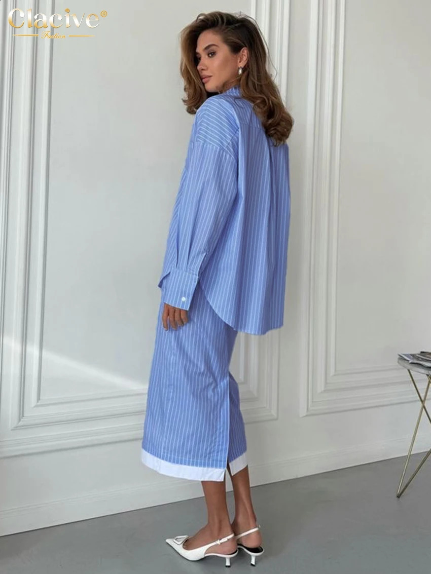 Clacive Fashion Loose Stripe 2 Piece Set Woman Outfit Elegant Long Sleeve Shirt With High Waist Midi Skirt Set Female 260722BJ