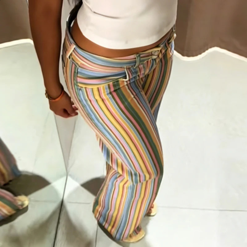 HXAO Rainbow Striped Jeans Womens Pants Spring 2026 Casual Straight Leg Mid-Waisted Trousers Fashion Streetwear Pants For Women 260722BJ