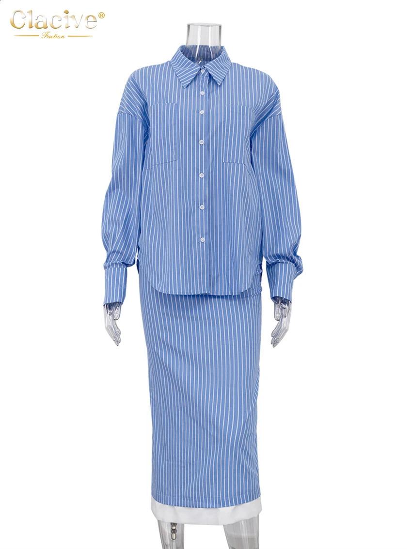 Clacive Fashion Loose Stripe 2 Piece Set Woman Outfit Elegant Long Sleeve Shirt With High Waist Midi Skirt Set Female 260722BJ